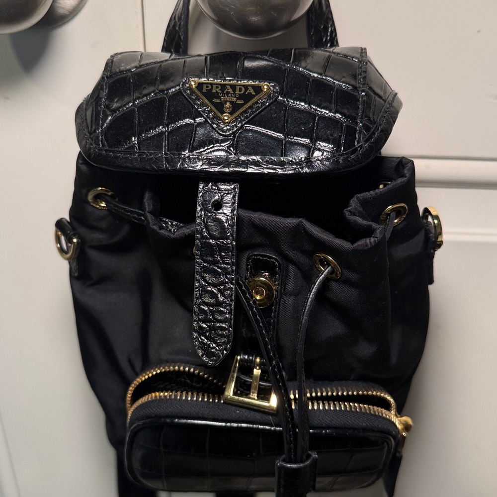 Prada nylon and croc embossed backpack shoulder bag. - Picture 1 of 15